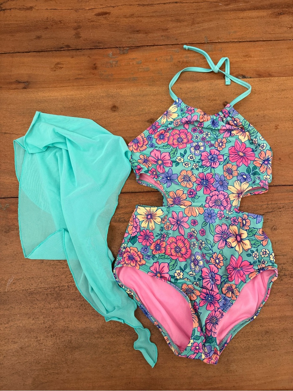 Cat & Jack Teal Floral Cutout One-Piece Swimsuit with Teal Cover-Up